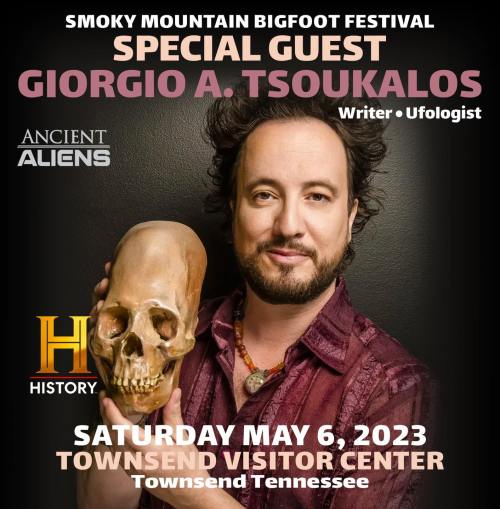 A man holds a skull, promoting the Smoky Mountain Bigfoot Festival with guest Giorgio A. Tsoukalos, May 6, 2023.
