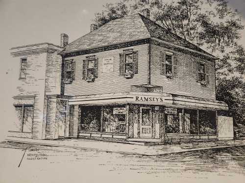 Illustration of a two-story building with "Ramsey's" signage, featuring a detailed architectural design.