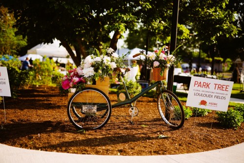 A decorative bicycle with flowers parked in a garden, surrounded by signs for a park event.