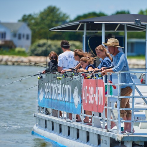 A group of people fishing from a boat on a sunny day, with rods in hand and water in the background.