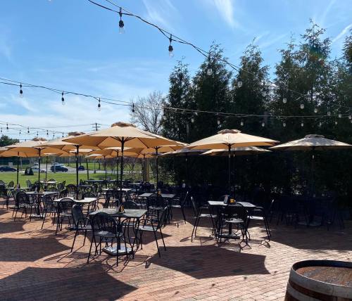 Outdoor dining area with tables and umbrellas, string lights overhead, and greenery in the background under a clear blue sky.