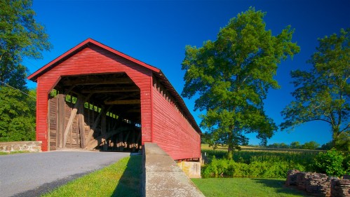 A red covered bridge surrounded by lush greenery and blue skies, leading into a scenic landscape.