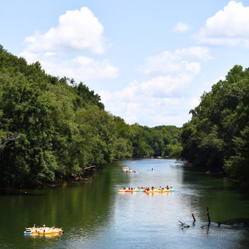 A serene river scene with people kayaking and canoeing among lush green trees under a blue sky with fluffy clouds.