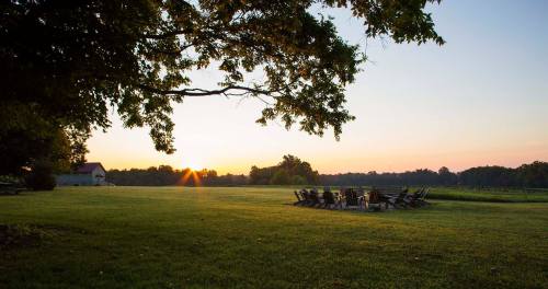 A serene sunset over a grassy field with a circle of chairs, framed by trees in the foreground.