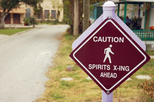 A caution sign warning of spirits crossing ahead, set along a quiet street with buildings in the background.