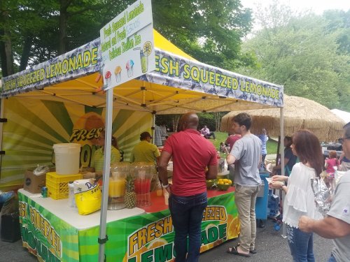 A vibrant lemonade stand with a yellow canopy, people ordering drinks, and colorful lemonade options displayed.