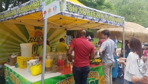 A vibrant lemonade stand with people ordering fresh lemonade under a colorful tent in a park setting.