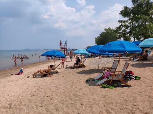 A sandy beach scene with blue umbrellas, people swimming, and lounging on chairs under a partly cloudy sky.