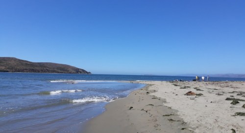 A serene beach scene with gentle waves, clear blue sky, and a few people in the distance enjoying the shoreline.