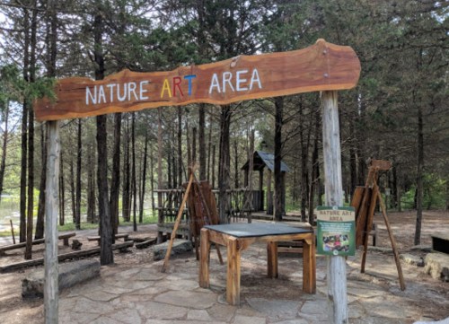 A wooden sign reading "Nature Art Area" in a forested park with art supplies and tables for creative activities.