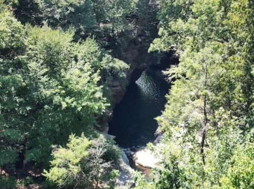 A serene view of a river winding through lush green trees and rocky formations.