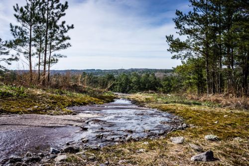 A serene landscape featuring a stream flowing through rocky terrain, surrounded by trees and rolling hills in the background.