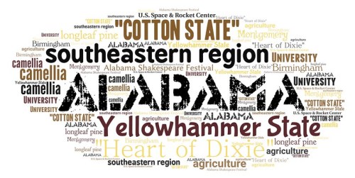 Word cloud featuring "Alabama" and related terms like "Cotton State," "Yellowhammer State," and "Heart of Dixie."