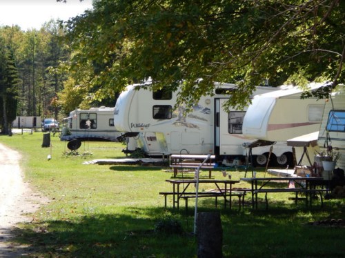 A serene campsite with several RVs parked on a grassy area, surrounded by trees and picnic tables.