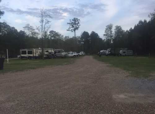 A gravel road lined with RVs and trucks in a wooded campground under a cloudy sky.