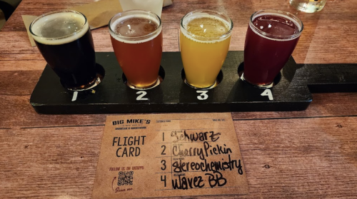 A flight of four craft beers on a wooden paddle, with a tasting card listing their names and descriptions.