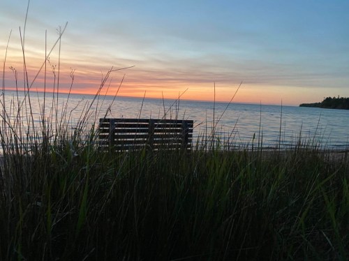 A serene beach scene at sunset, featuring a bench surrounded by tall grass and calm waters in the background.
