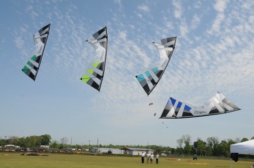 Four colorful kites flying in a clear blue sky over a grassy field, with people watching in the background.