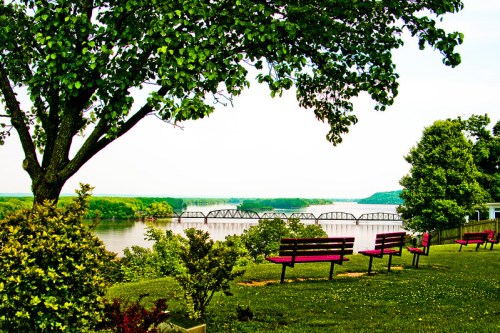 A serene riverside view featuring green trees, benches, and a bridge in the distance under a cloudy sky.