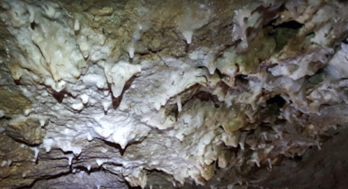 Stalactites and mineral formations hang from a cave ceiling, illuminated by soft light.