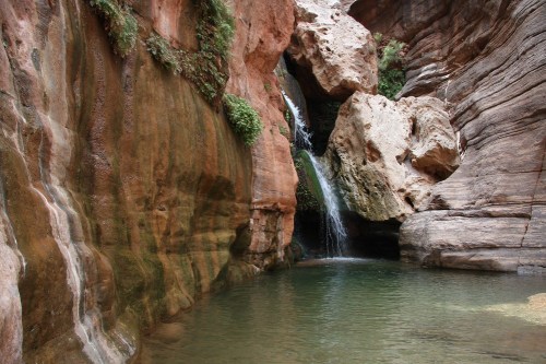 A serene waterfall cascades into a tranquil pool, surrounded by rocky cliffs and lush greenery.