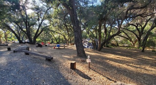 A serene campsite surrounded by trees, featuring picnic tables, a fire pit, and a tent in a natural setting.