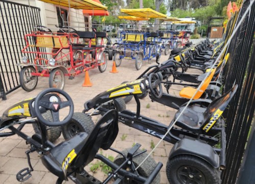 A row of colorful pedal go-karts parked in a fenced area, with cones and a pathway visible.