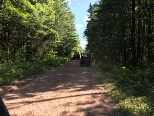 Two off-road vehicles driving on a dirt path surrounded by lush green trees and foliage.