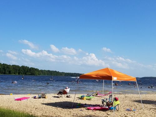 A sandy beach with an orange canopy, people swimming in the water, and a clear blue sky with fluffy clouds.