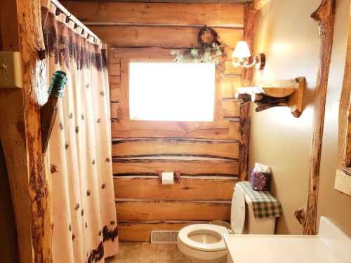 Cozy bathroom with wooden walls, a shower curtain, toilet, and a small window providing natural light.