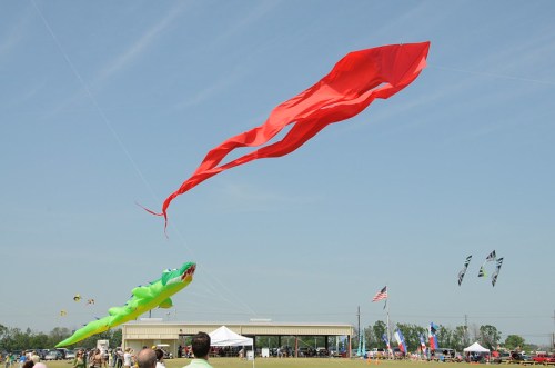 A green dragon kite and a red ribbon kite soar in a clear blue sky during a kite festival.