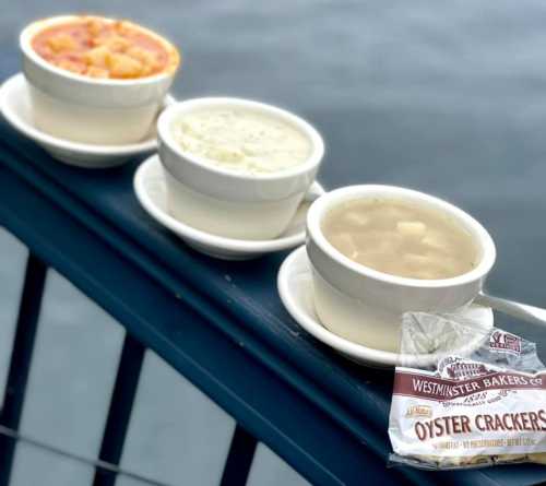 Three bowls of soup on a railing, with a pack of oyster crackers beside them, against a water backdrop.