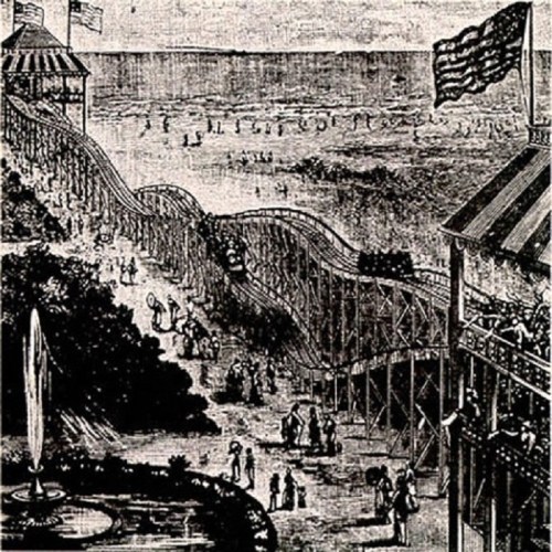 Historic illustration of a seaside amusement park with a roller coaster, beachgoers, and flags waving in the background.