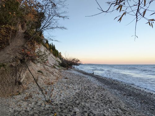 A serene beach scene at dusk, featuring a sandy shore, gentle waves, and trees along a sloping cliff.