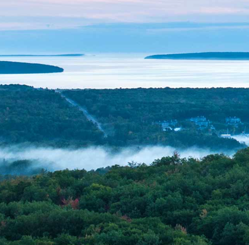 A scenic view of a misty landscape with rolling hills and a calm body of water under a pastel sky.