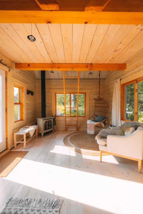 Cozy interior of a wooden cabin with a ladder, comfortable seating, and large windows letting in natural light.
