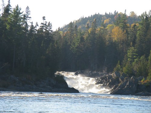 A waterfall cascades over rocks, surrounded by lush green trees and autumn foliage in a serene natural landscape.