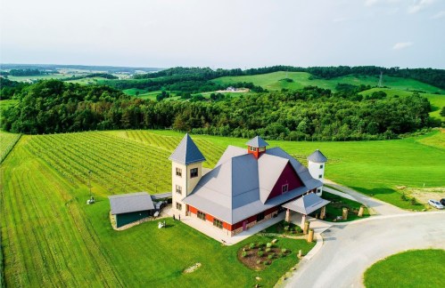 Aerial view of a large, modern barn-style building surrounded by lush green fields and vineyards.