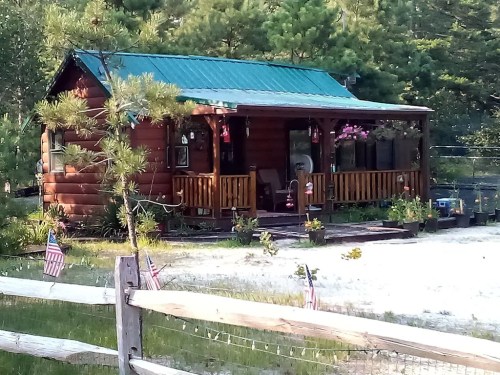 A cozy log cabin with a green metal roof, surrounded by trees and flowers, featuring a porch and American flags.