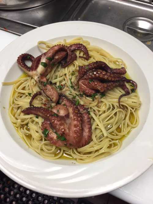 A plate of spaghetti topped with octopus and garnished with herbs in olive oil.