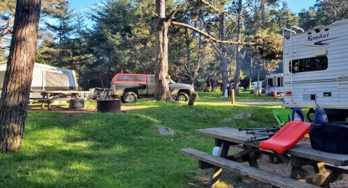 A campsite with a picnic table, parked vehicles, and campers surrounded by trees and greenery.