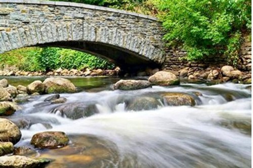 A stone bridge arches over a flowing river, surrounded by lush greenery and smooth rocks.