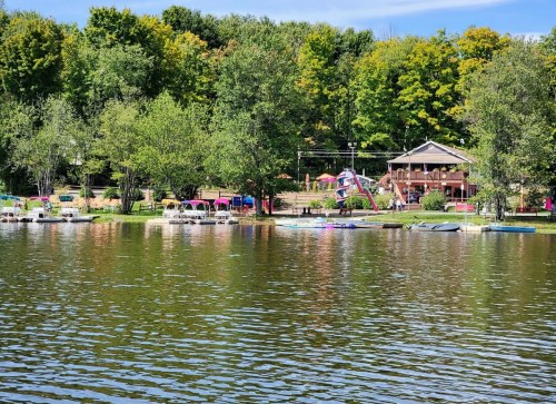 A serene lake view with trees, a beach area, and colorful boats lined up along the shore.