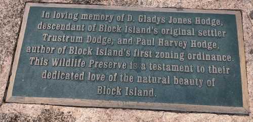 Plaque honoring D. Gladys Jones Hodge and Paul Harvey Hodge for their contributions to Block Island's natural beauty.