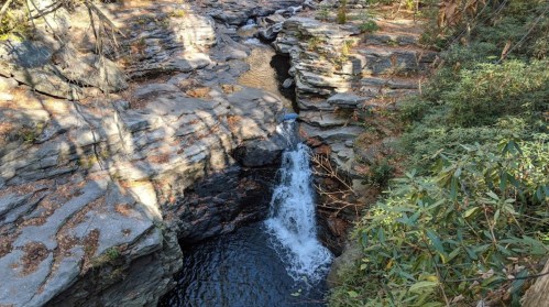 A serene waterfall cascading over rocky terrain, surrounded by lush greenery and a peaceful stream.