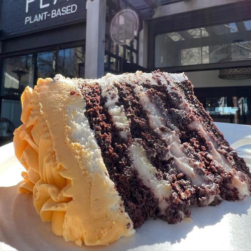 A slice of layered chocolate cake with orange frosting, displayed outdoors in a bright setting.