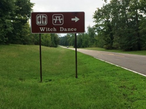 Signpost indicating directions to "Witch Dance" with symbols for restrooms and picnic areas, alongside a quiet road.