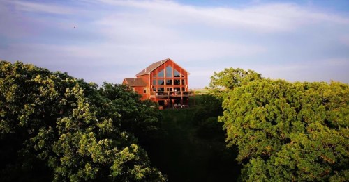 A modern wooden house surrounded by lush green trees under a clear blue sky.