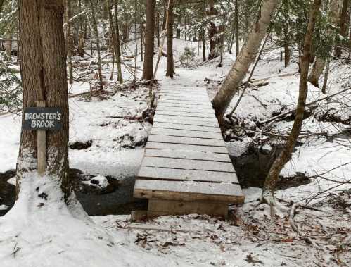 A wooden bridge over a snowy brook, with a sign reading "Brewster's Brook" beside it in a forested area.