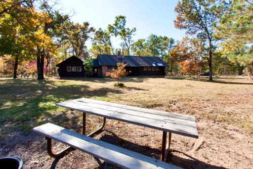 A picnic table in a grassy area with two wooden cabins surrounded by trees in a sunny autumn setting.
